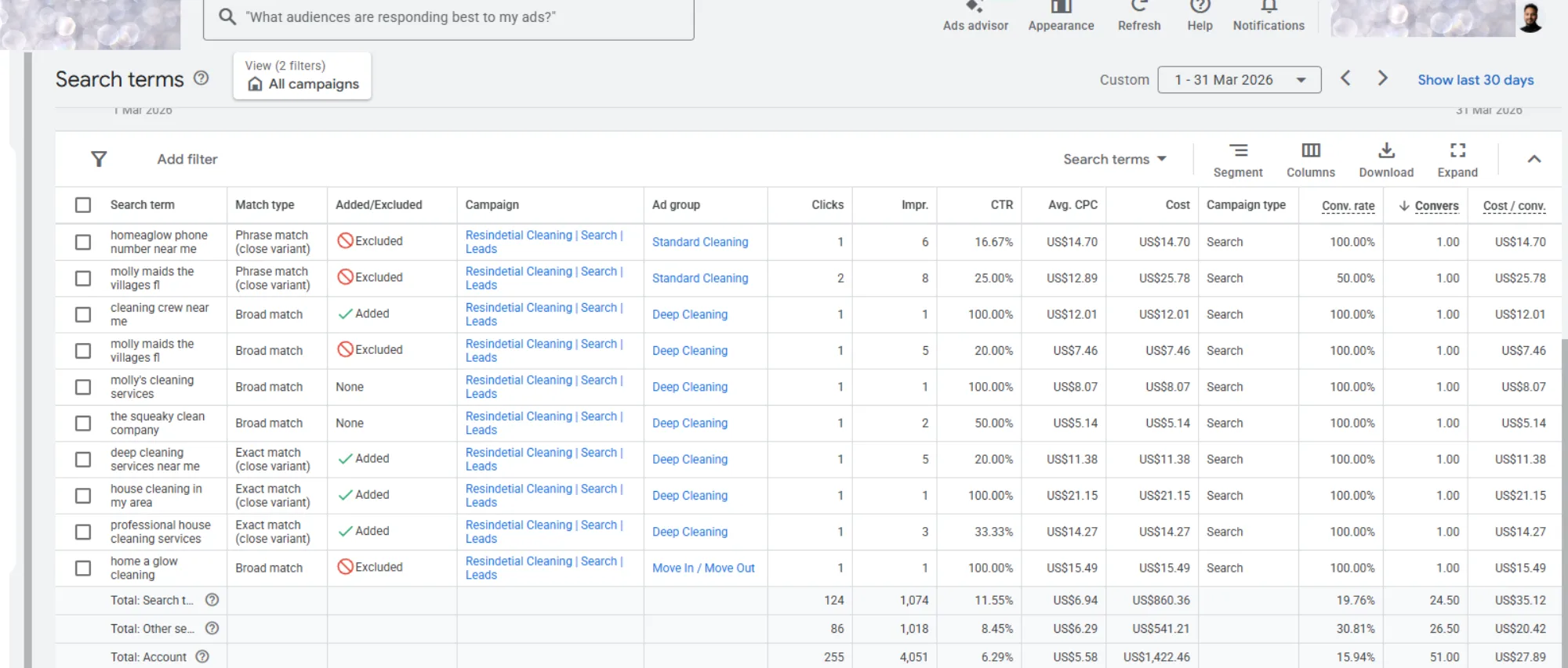 Google Ads search terms screen for the cleaning campaign